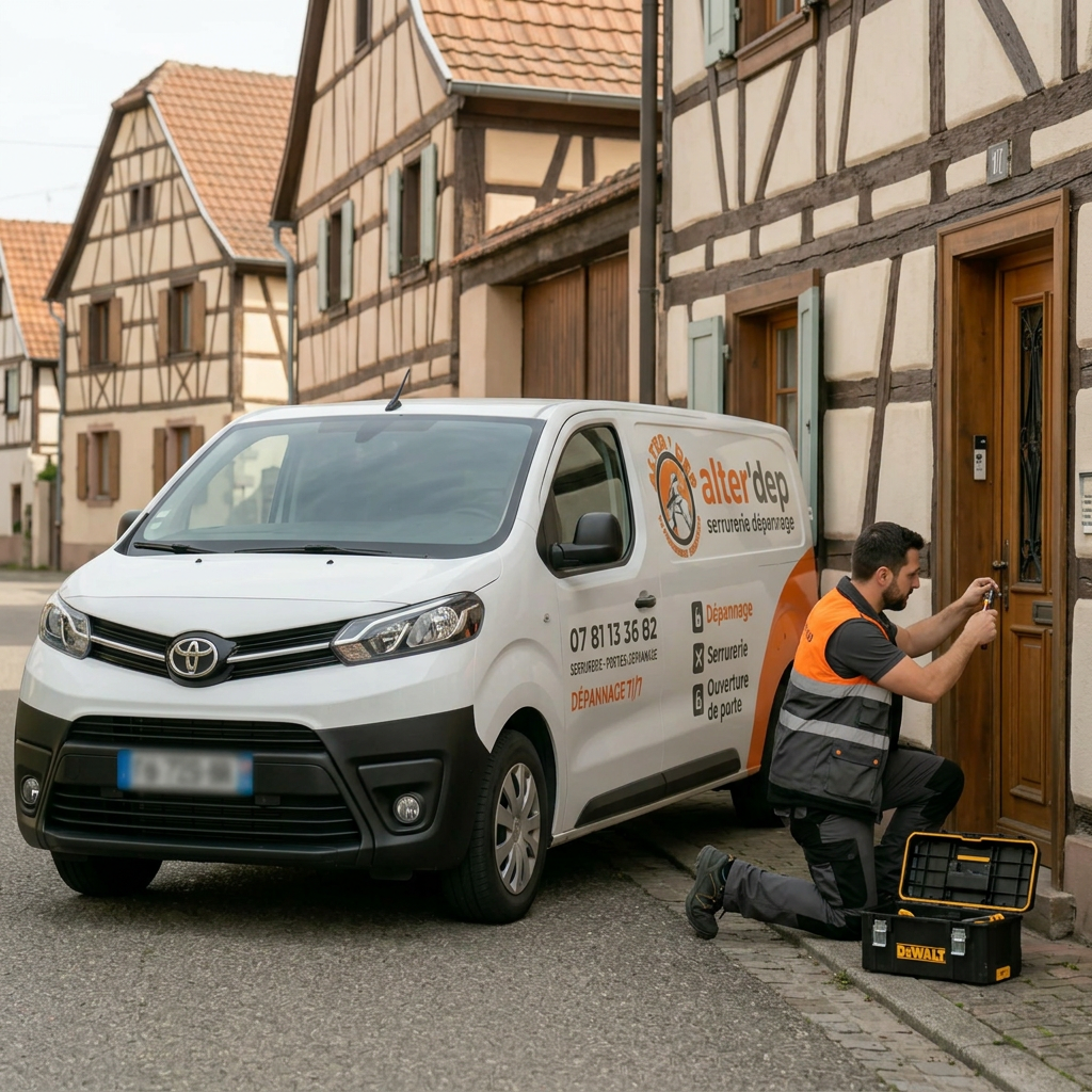 Visuel promotionnel créé par IA : dépanneur Alter’Dep ouvrant une porte de maison, avec la camionnette