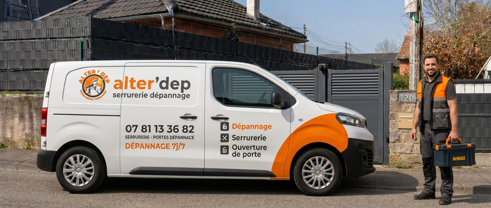 Illustration créée par IA : camionnette Alter’Dep et dépanneur devant le portail du 120 rue de la République à Pfastatt