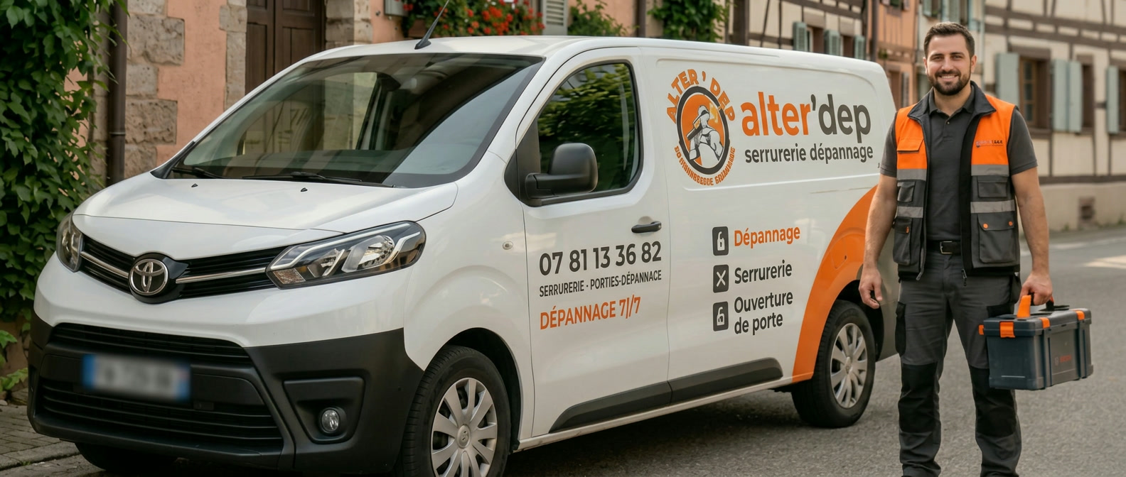 Camionnette blanche alter'dep serrurerie dépannage avec technicien serrurier en Haut-Rhin