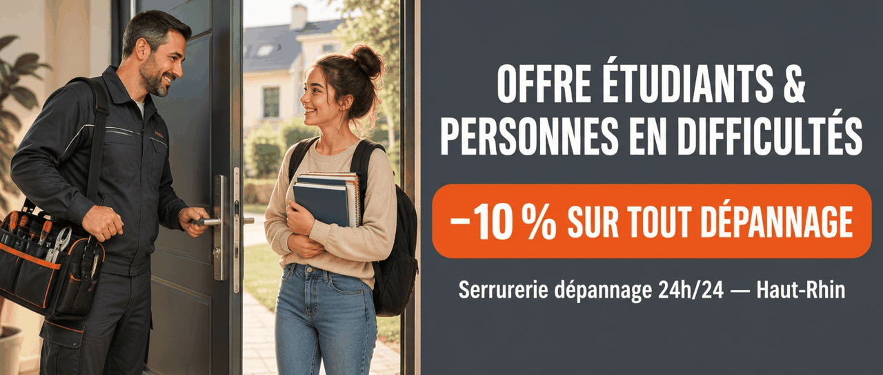Offre spéciale : −10 % sur tout dépannage de serrurerie pour les étudiants et les personnes en difficultés, Haut-Rhin 24h/24